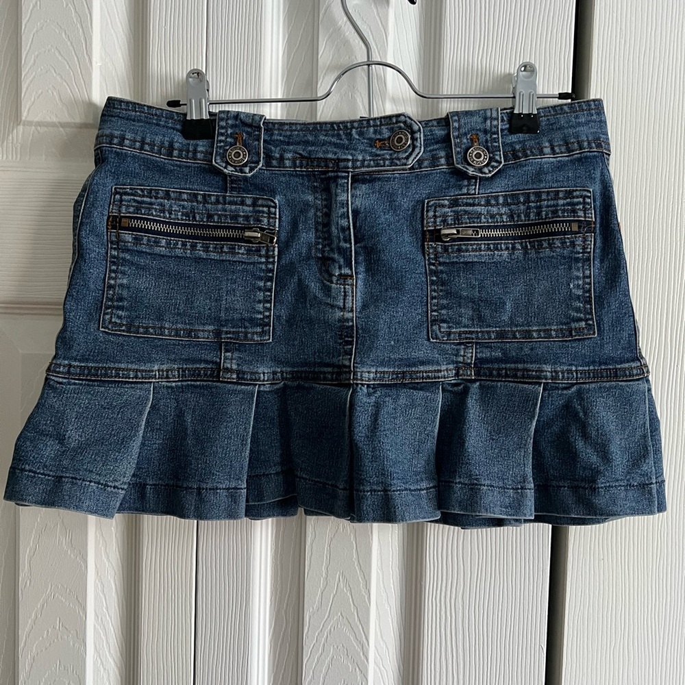 Blue Skater Mini Skirt with Ruffled Cargo Style